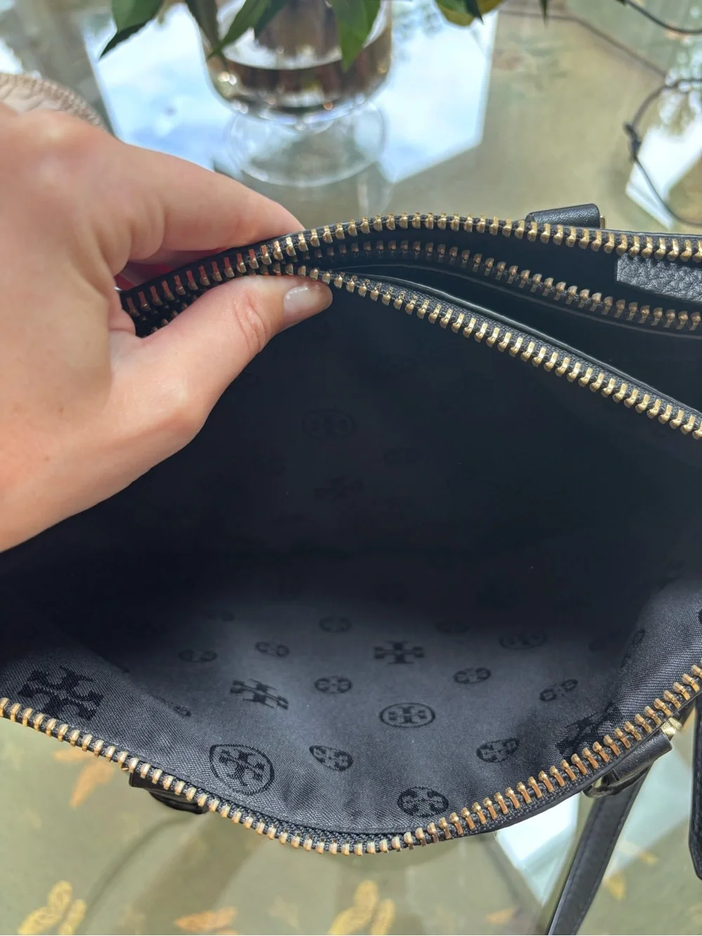 Tory Burch Robinson Double Zip Black Pebbled Leather Satchel Gold Hardware $575
